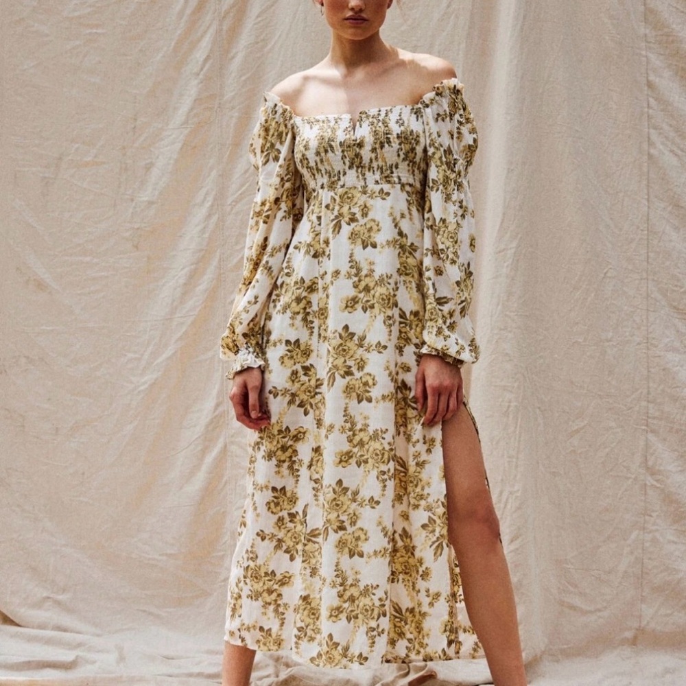 Free People Off-Shoulder Floral Dress in Cream and Gold
